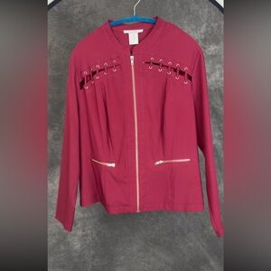K Jordan Burgundy Grommet Detail Zip Front Jacket 2X Gold Hardware Stretch